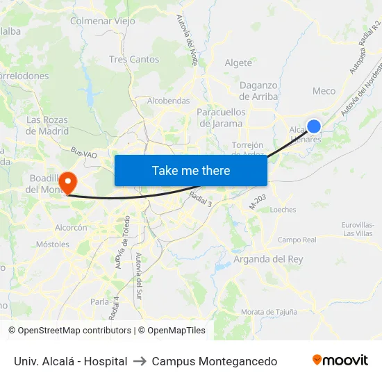 Univ. Alcalá - Hospital to Campus Montegancedo map