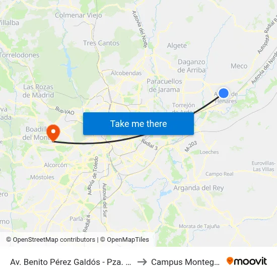 Av. Benito Pérez Galdós - Pza. Alfonso XII to Campus Montegancedo map