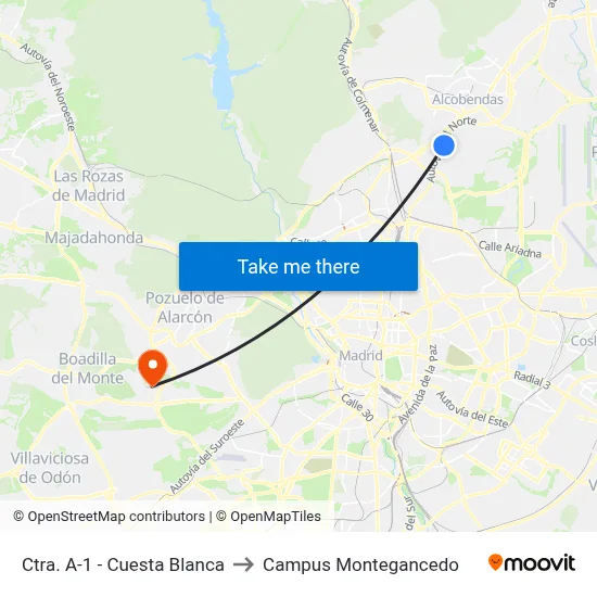 Ctra. A-1 - Cuesta Blanca to Campus Montegancedo map