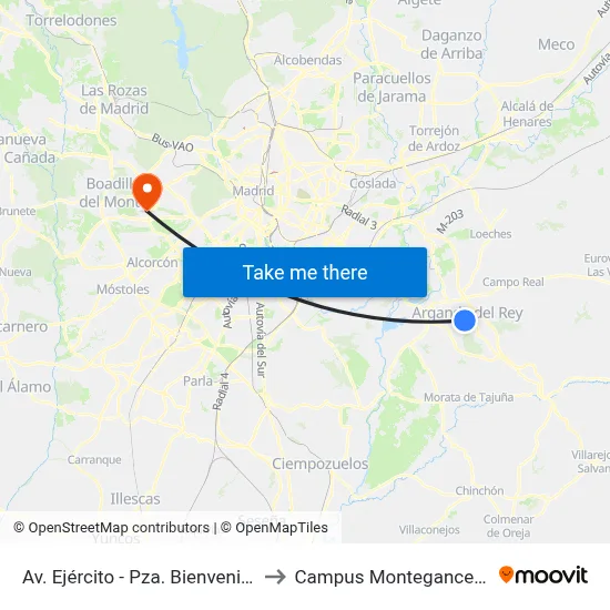 Av. Ejército - Pza. Bienvenida to Campus Montegancedo map