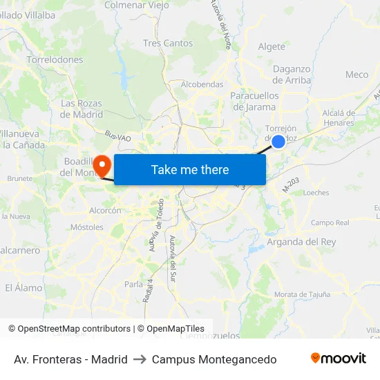 Av. Fronteras - Madrid to Campus Montegancedo map