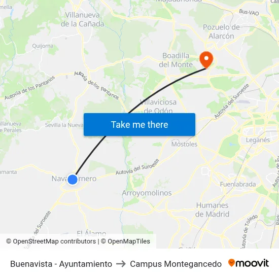 Buenavista - Ayuntamiento to Campus Montegancedo map