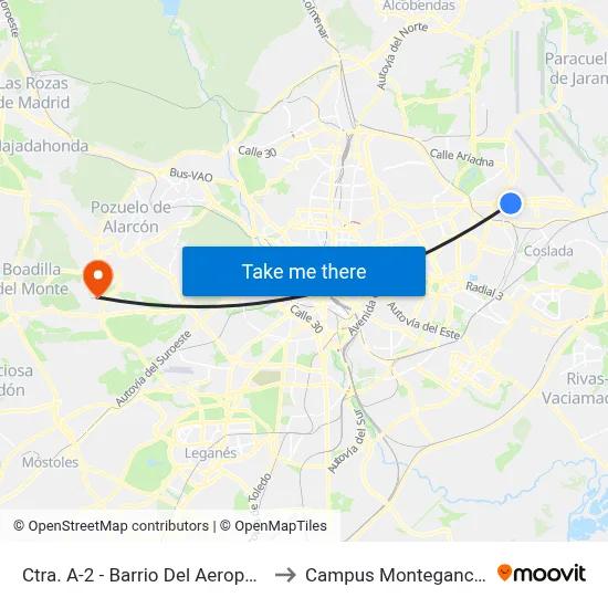 Ctra. A-2 - Barrio Del Aeropuerto to Campus Montegancedo map