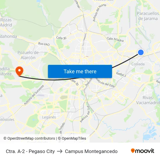 Ctra. A-2 - Pegaso City to Campus Montegancedo map