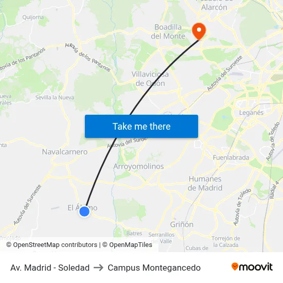 Av. Madrid - Soledad to Campus Montegancedo map
