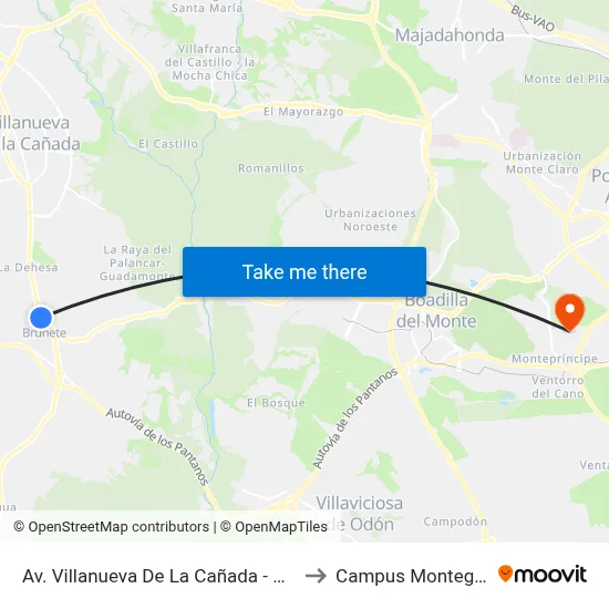Av. Villanueva De La Cañada - Centro Salud to Campus Montegancedo map