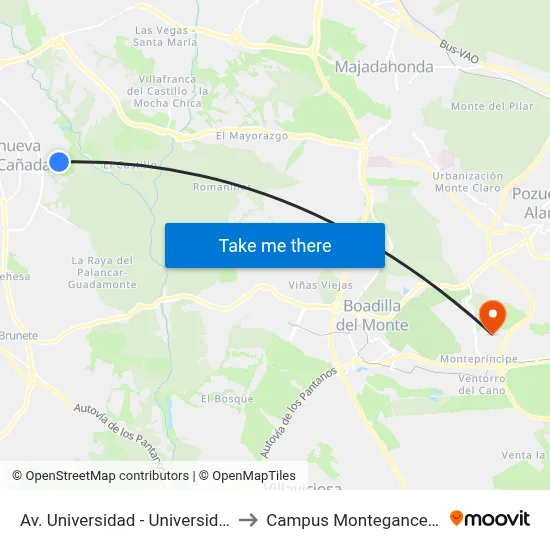Av. Universidad - Universidad to Campus Montegancedo map