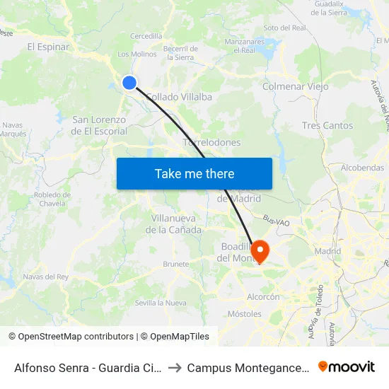 Alfonso Senra - Guardia Civil to Campus Montegancedo map