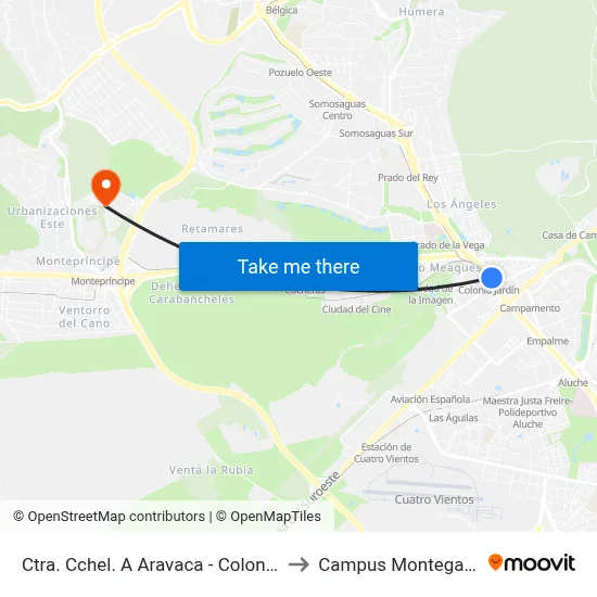 Ctra. Cchel. A Aravaca - Colonia Jardín to Campus Montegancedo map