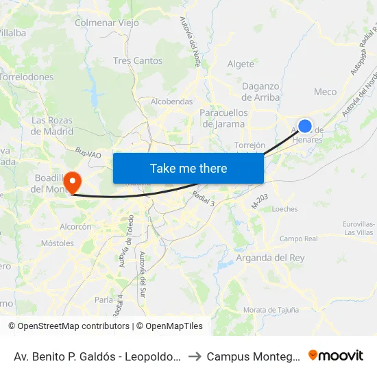 Av. Benito P. Galdós - Leopoldo Alas Clarín to Campus Montegancedo map