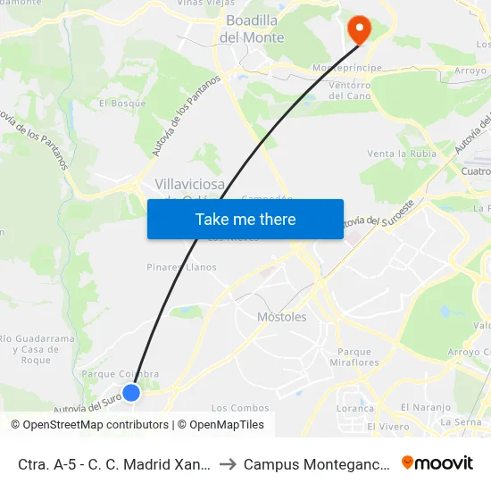 Ctra. A-5 - C. C. Madrid Xanadú to Campus Montegancedo map