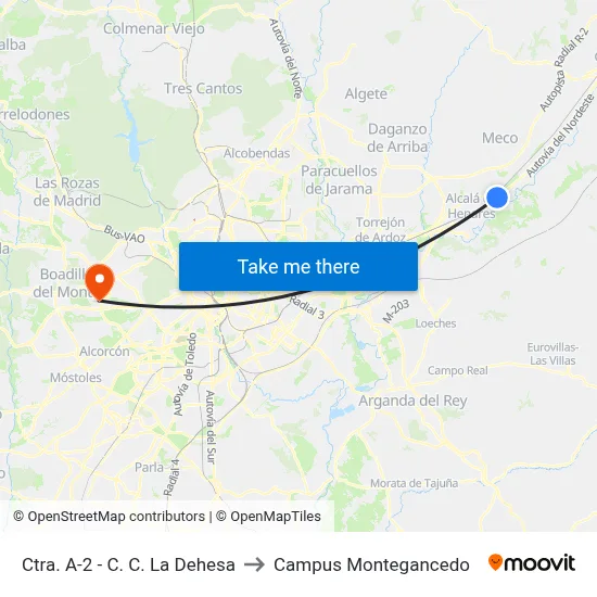 Ctra. A-2 - C. C. La Dehesa to Campus Montegancedo map