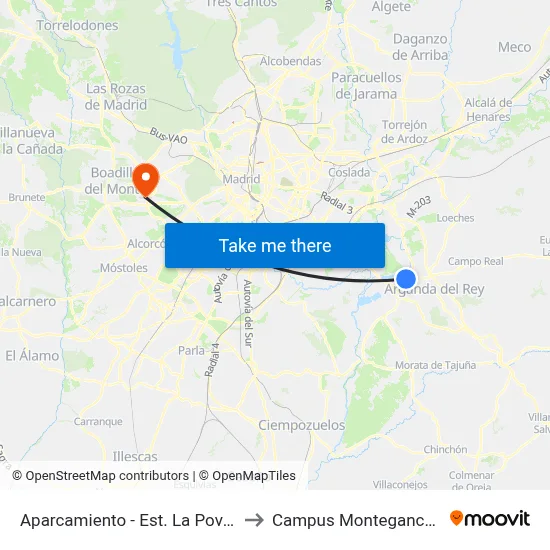Aparcamiento - Est. La Poveda to Campus Montegancedo map