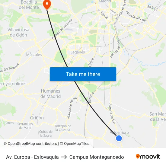 Av. Europa - Eslovaquia to Campus Montegancedo map