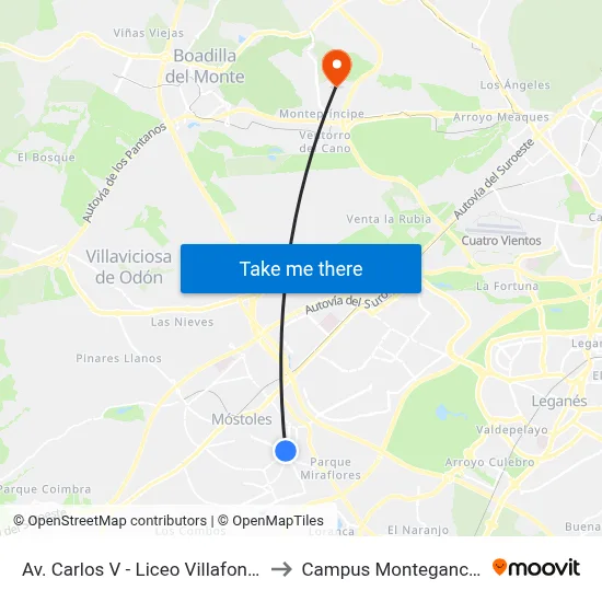 Av. Carlos V - Liceo Villafontana to Campus Montegancedo map