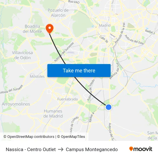 Nassica - Centro Outlet to Campus Montegancedo map