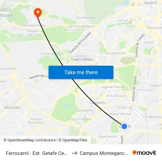 Ferrocarril - Est. Getafe Centro to Campus Montegancedo map
