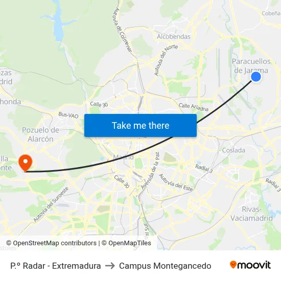 P.º Radar - Extremadura to Campus Montegancedo map