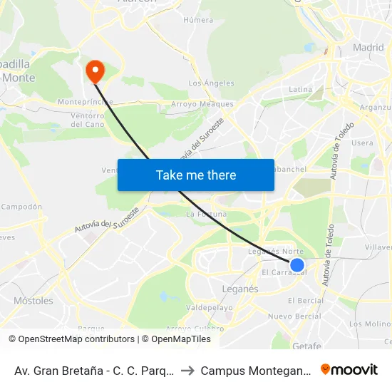 Av. Gran Bretaña - C. C. Parquesur to Campus Montegancedo map