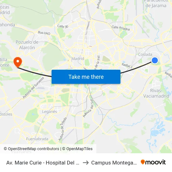 Av. Marie Curie - Hospital Del Henares to Campus Montegancedo map