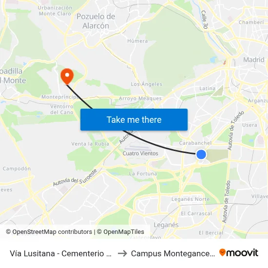 Vía Lusitana - Cementerio Sur to Campus Montegancedo map