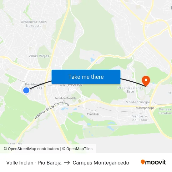 Valle Inclán - Pío Baroja to Campus Montegancedo map