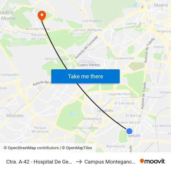 Ctra. A-42 - Hospital De Getafe to Campus Montegancedo map