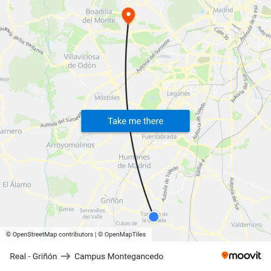 Real - Griñón to Campus Montegancedo map