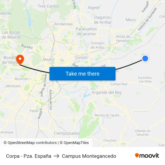 Corpa - Pza. España to Campus Montegancedo map