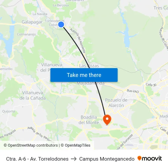 Ctra. A-6 - Av. Torrelodones to Campus Montegancedo map