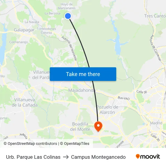 Urb. Parque Las Colinas to Campus Montegancedo map