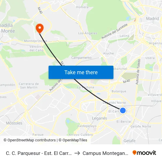 C. C. Parquesur - Est. El Carrascal to Campus Montegancedo map