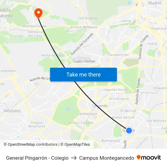 General Pingarrón - Colegio to Campus Montegancedo map