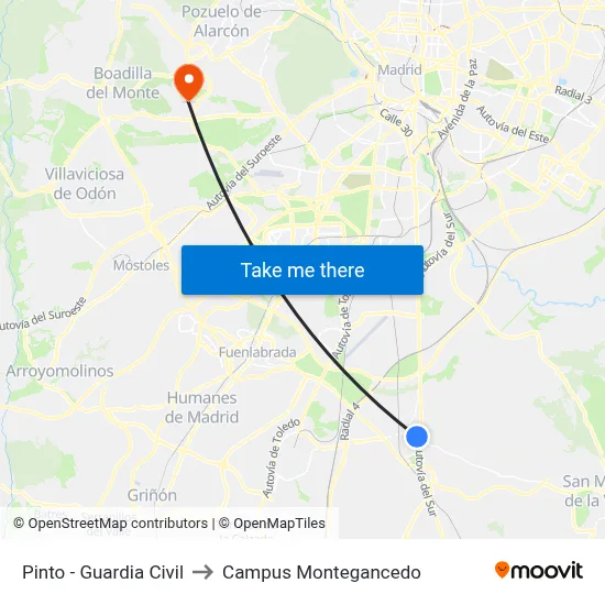 Pinto - Guardia Civil to Campus Montegancedo map
