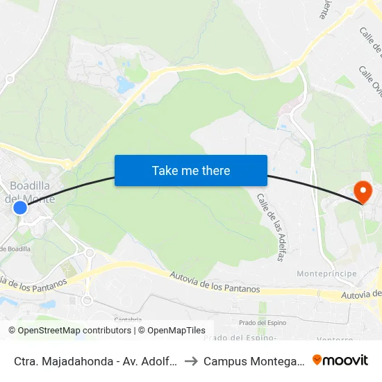 Ctra. Majadahonda - Av. Adolfo Suárez to Campus Montegancedo map