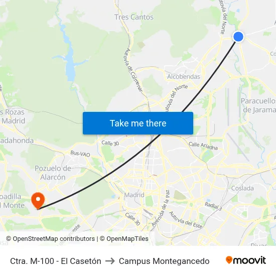 Ctra. M-100 - El Casetón to Campus Montegancedo map