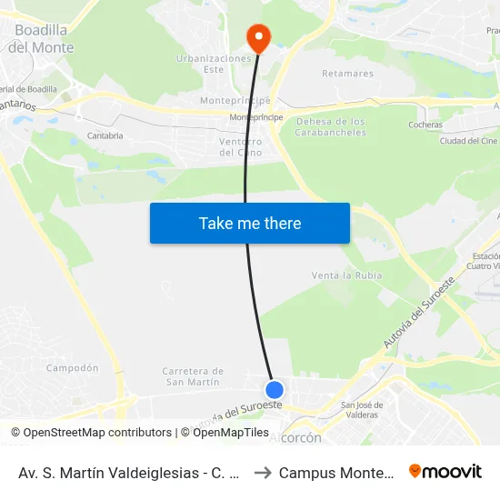 Av. S. Martín Valdeiglesias - C. C. Tres Aguas to Campus Montegancedo map
