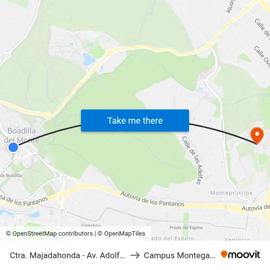 Ctra. Majadahonda - Av. Adolfo Suárez to Campus Montegancedo map