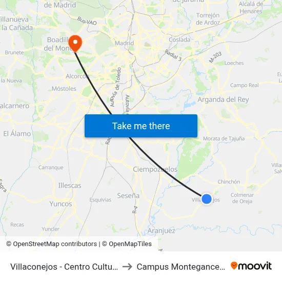 Villaconejos - Centro Cultural to Campus Montegancedo map