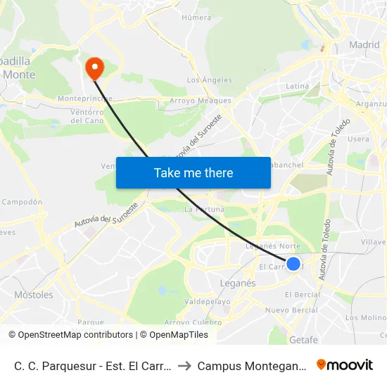 C. C. Parquesur - Est. El Carrascal to Campus Montegancedo map