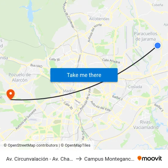 Av. Circunvalación - Av. Charcos to Campus Montegancedo map
