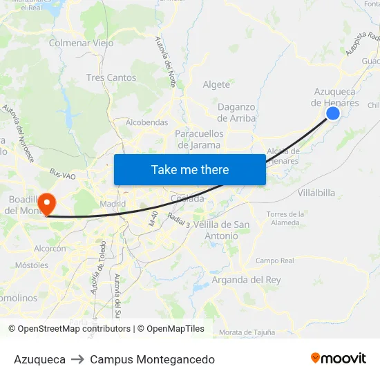 Azuqueca to Campus Montegancedo map