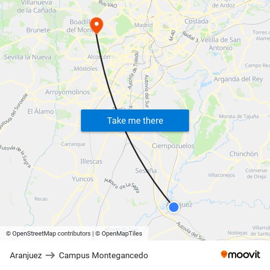 Aranjuez to Campus Montegancedo map