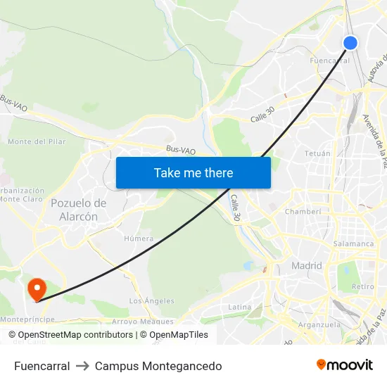 Fuencarral to Campus Montegancedo map