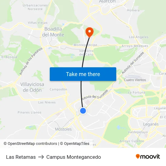 Las Retamas to Campus Montegancedo map