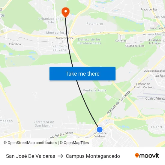 San José De Valderas to Campus Montegancedo map