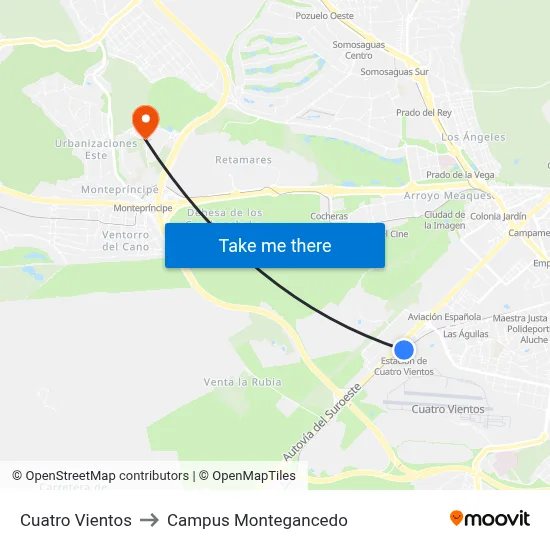 Cuatro Vientos to Campus Montegancedo map