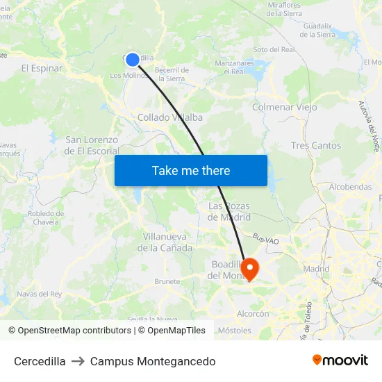 Cercedilla to Campus Montegancedo map