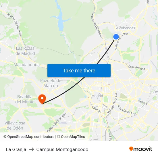 La Granja to Campus Montegancedo map