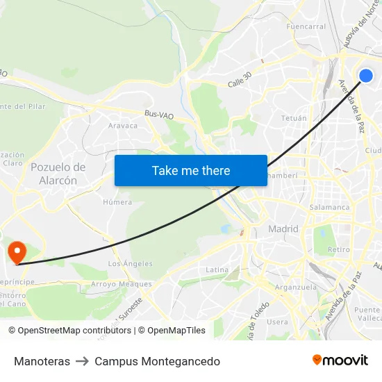 Manoteras to Campus Montegancedo map